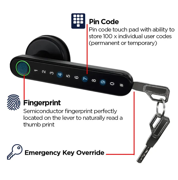 Smart Door Lock (Black) - Code, Mobile App, Fingerprint | Internal Bedroom or Internal Office Doors